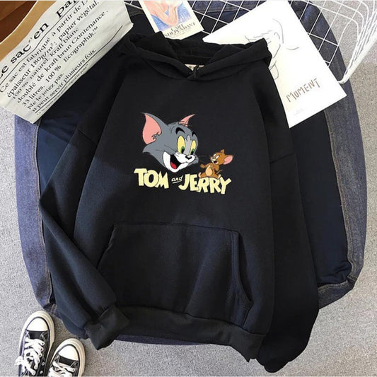 Black Tom And Jerry Fleece Full Sleeves Pull Over Hoodie For Women - DENIMS - Hoodies & Sweatshirts - 