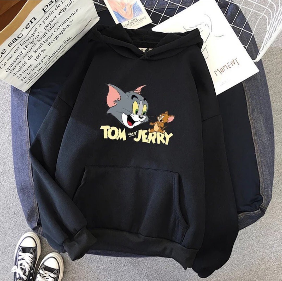 Black Tom And Jerry Fleece Full Sleeves Pull Over Hoodie For Women - DENIMS - Hoodies & Sweatshirts - 