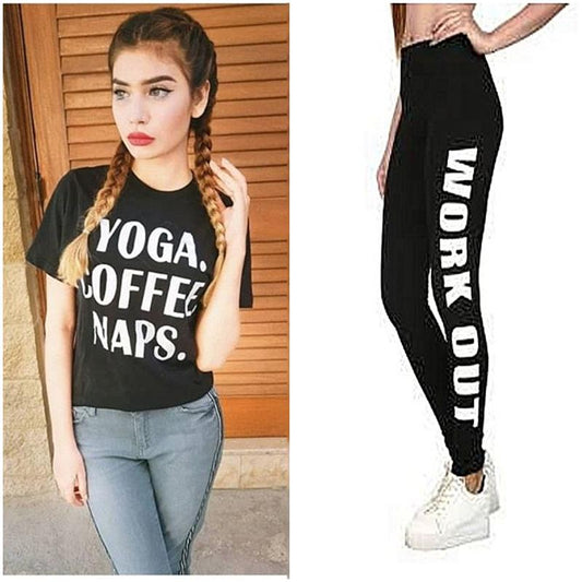 Black Yoga Coffee Nap T - Shirt and Black Work Out Tight For Women - DENIMS - Tops & T - Shirts - 