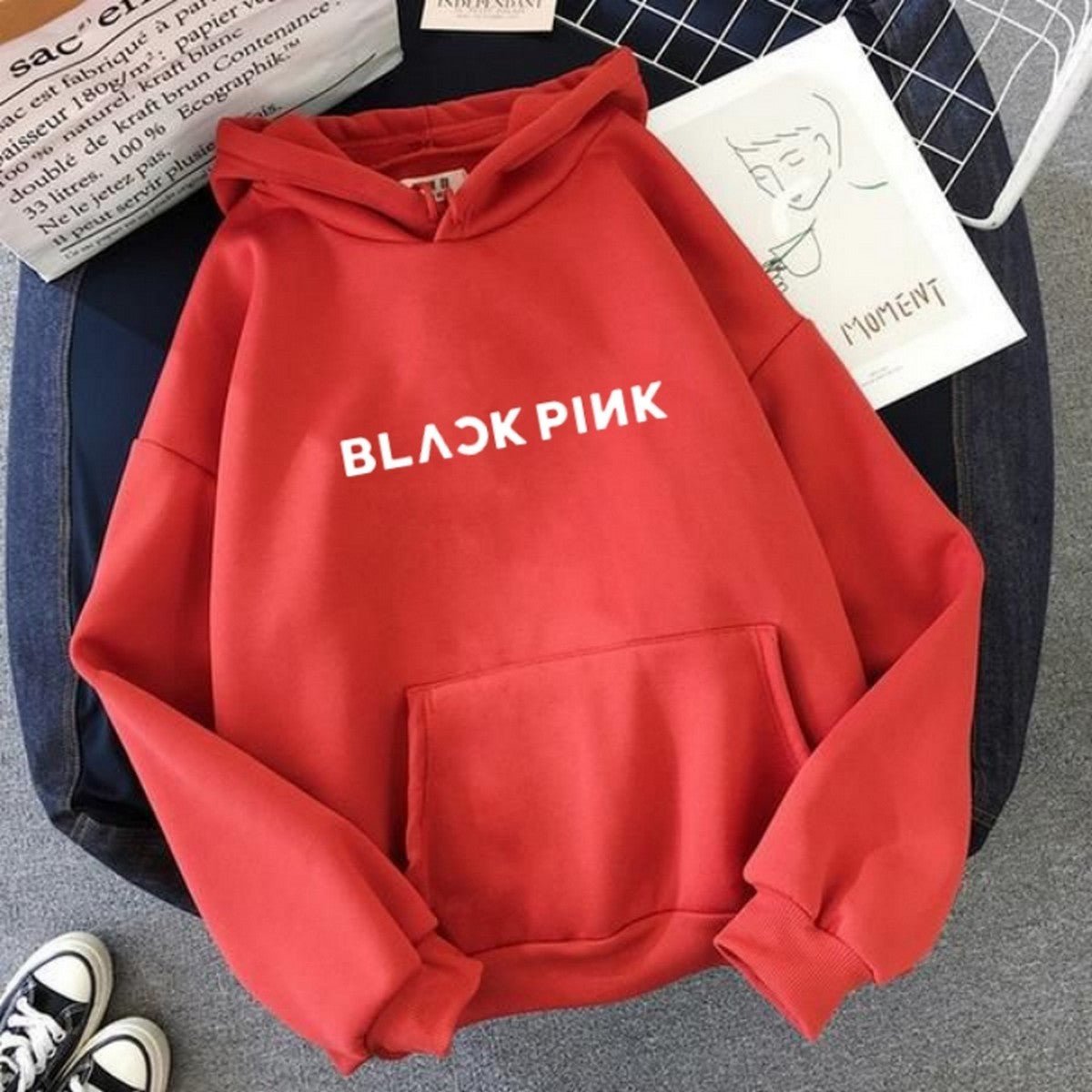 Blackpink Red Printed Fleece Full Sleeves Pull Over Hoodie For Women - DENIMS - Hoodies & Sweatshirts - 