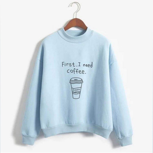 Blue First I need Coffee Fleece Full Sleeves Pull Over Sweatshirt For Women - DENIMS - Hoodies & Sweatshirts - 