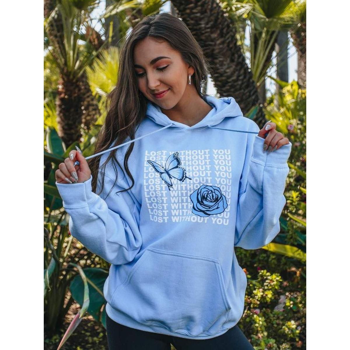 Blue Lost Without You Fleece Full Sleeves Pull Over Hoodie For Women - DENIMS - Hoodies & Sweatshirts - 