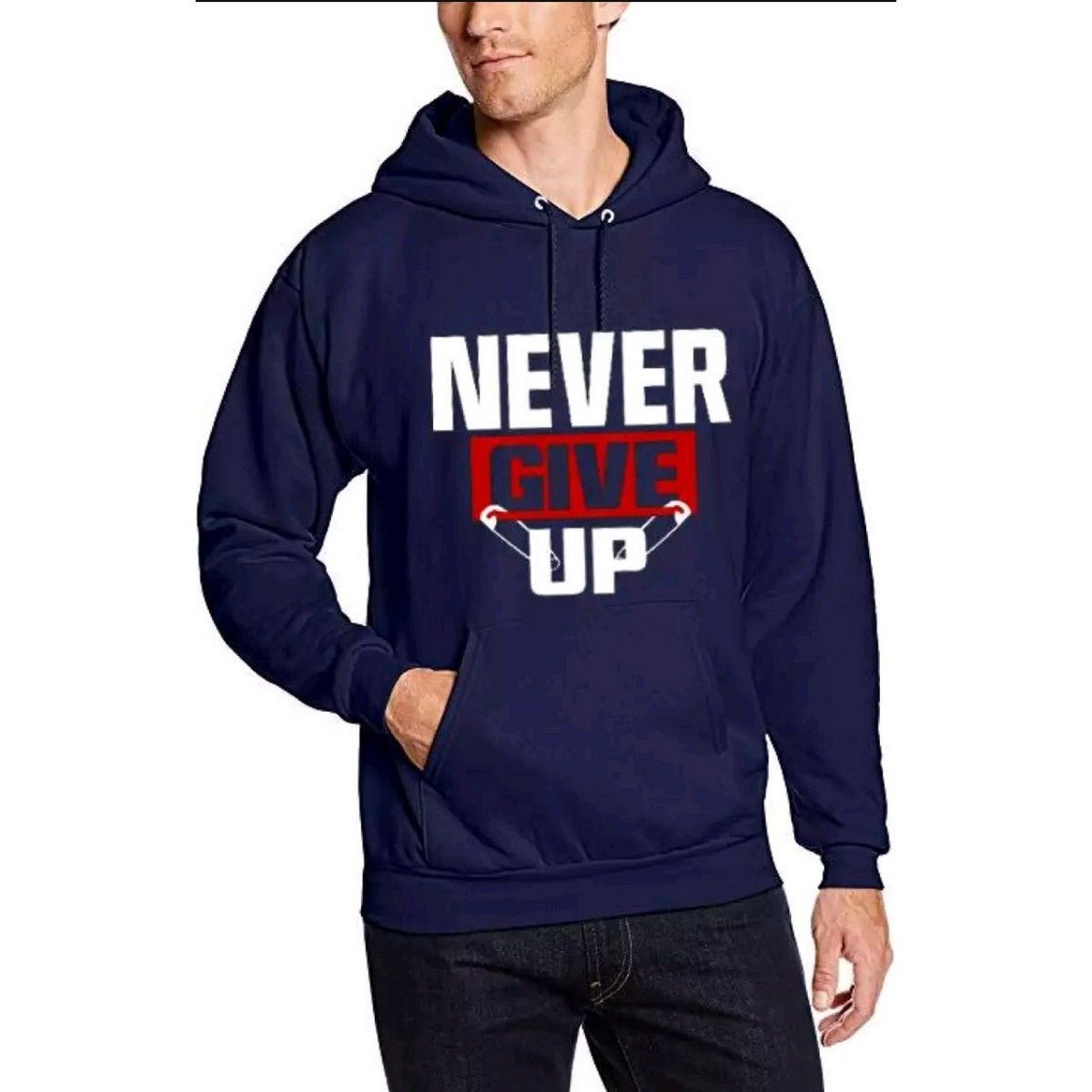 Blue Never Give up Printed Fleece Hoodie for Men - DENIMS - Hoodie & Sweatshirt - 