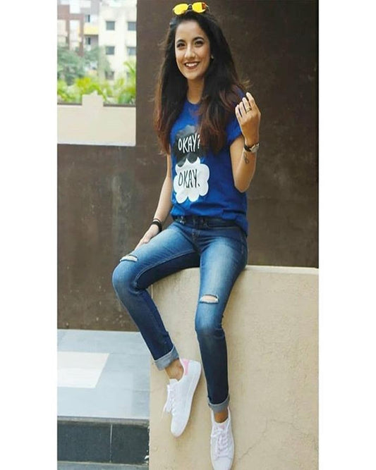 Blue Okay Okay Cotton Printed T - Shirt For Women - DENIMS - Tops & T - Shirts - 
