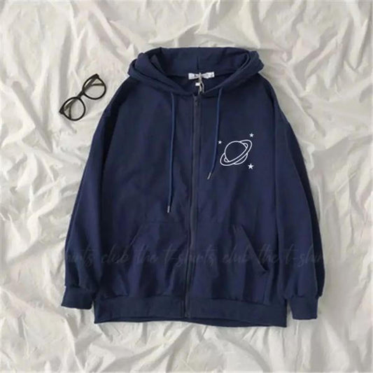 Blue Planet Printed Fleece Full Seeves Zipper Hoodie For Women - DENIMS - Hoodies & Sweatshirts - 