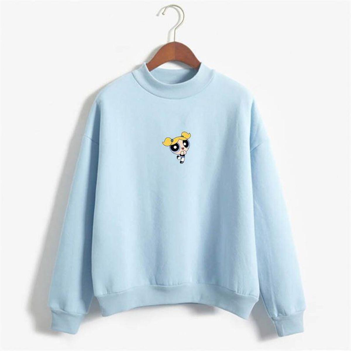Blue Power Puff Girls Printed Fleece Full Sleeves Pull Over Sweatshirt For Women - DENIMS - Hoodies & Sweatshirts - 