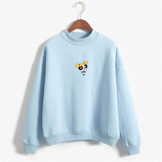 Blue Power Puff Girls Printed Fleece Full Sleeves Pull Over Sweatshirt For Women - DENIMS - Hoodies & Sweatshirts - 