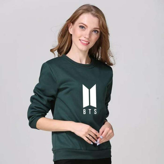 Bottle Green Fleece BTS Sweatshirt For Women 494 - DENIMS - Hoodies & Sweatshirts - 
