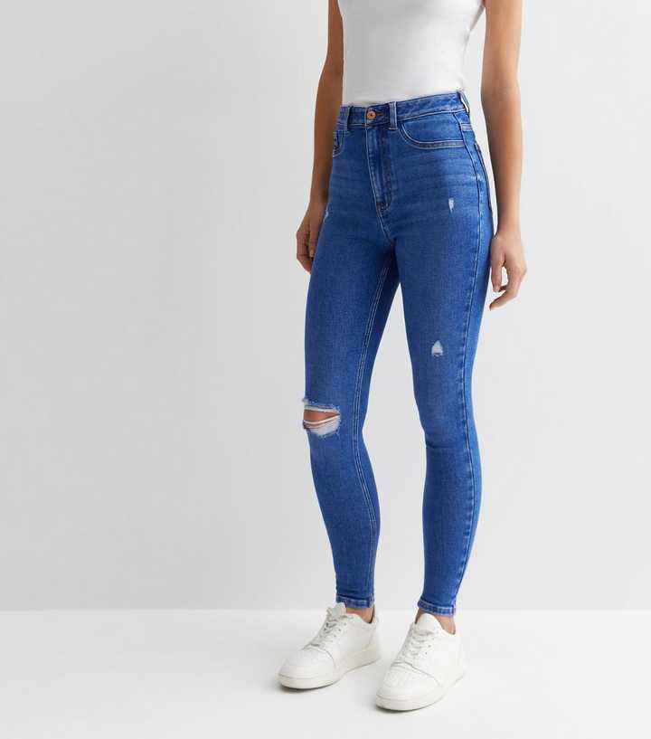 Bright Blue High Waist Ripped Knee Super Skinny Jeans - DENIMS - Jeans - 