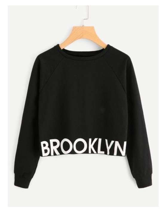 Brooklen Cropped Printed Black Sweatshirt For women - DENIMS - Hoodies & Sweatshirts - 