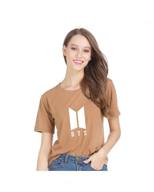 Brown BTS Cotton Printed T - Shirt For Women - DENIMS - Tops & T - Shirts - 