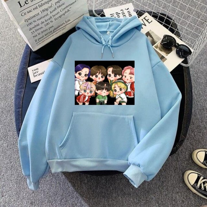 BTS Anime Fleece Full Sleeves Pull Over Hoodie For Women - DENIMS - Hoodies & Sweatshirts - 