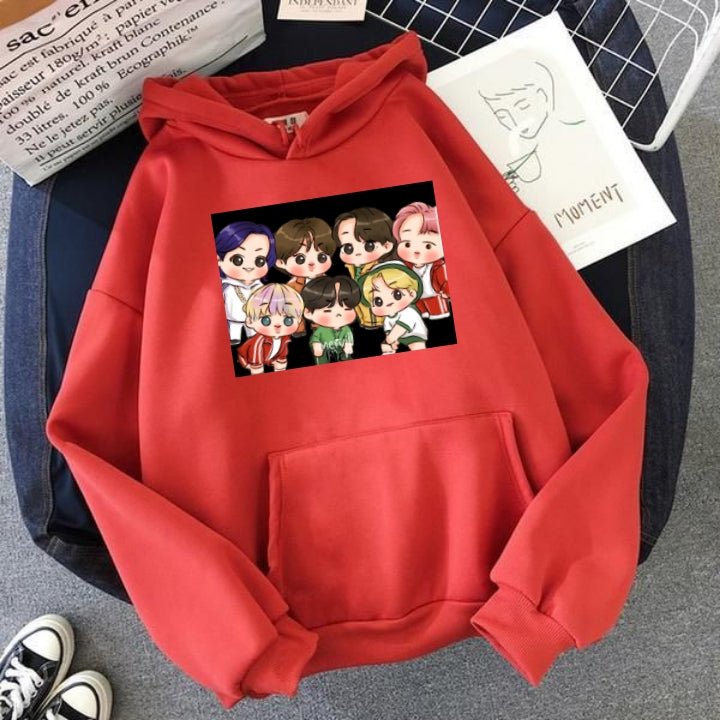 BTS Anime Fleece Full Sleeves Pull Over Hoodie For Women - DENIMS - Hoodies & Sweatshirts - 