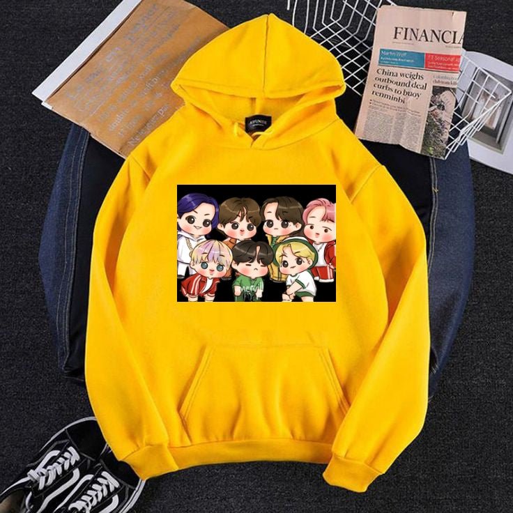 BTS Anime Fleece Full Sleeves Pull Over Hoodie For Women - DENIMS - Hoodies & Sweatshirts - 