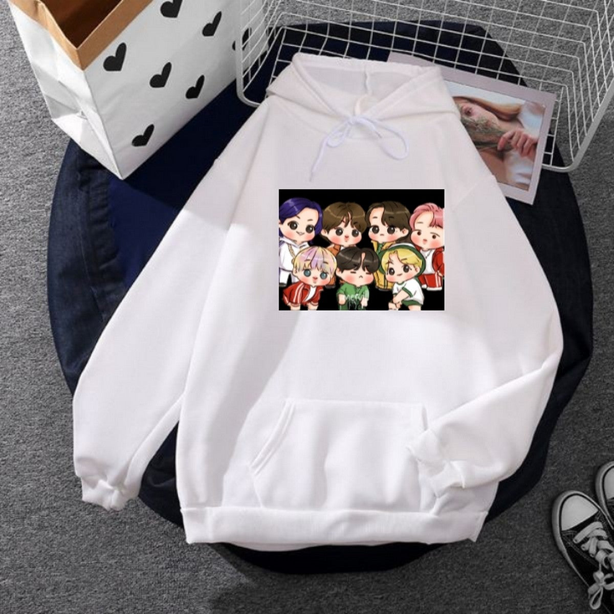 BTS Anime Fleece Full Sleeves Pull Over Hoodie For Women - DENIMS - Hoodies & Sweatshirts - 