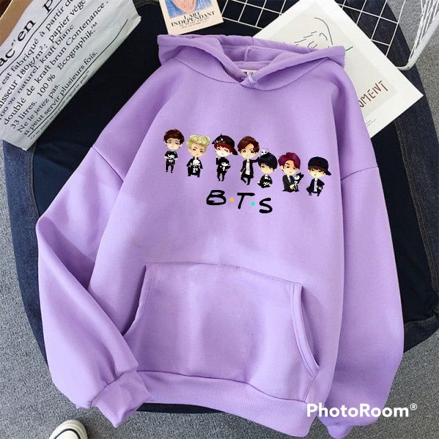 BTS Anime Fleece Full Sleeves Pull Over Hoodie For Women - DENIMS - Hoodies & Sweatshirts - 