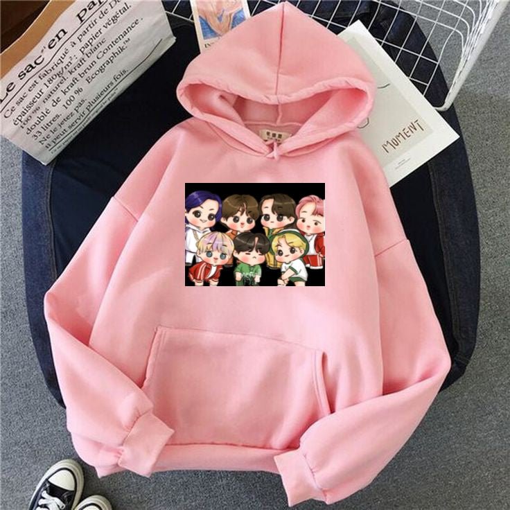 BTS Anime Fleece Full Sleeves Pull Over Hoodie For Women - DENIMS - Hoodies & Sweatshirts - 