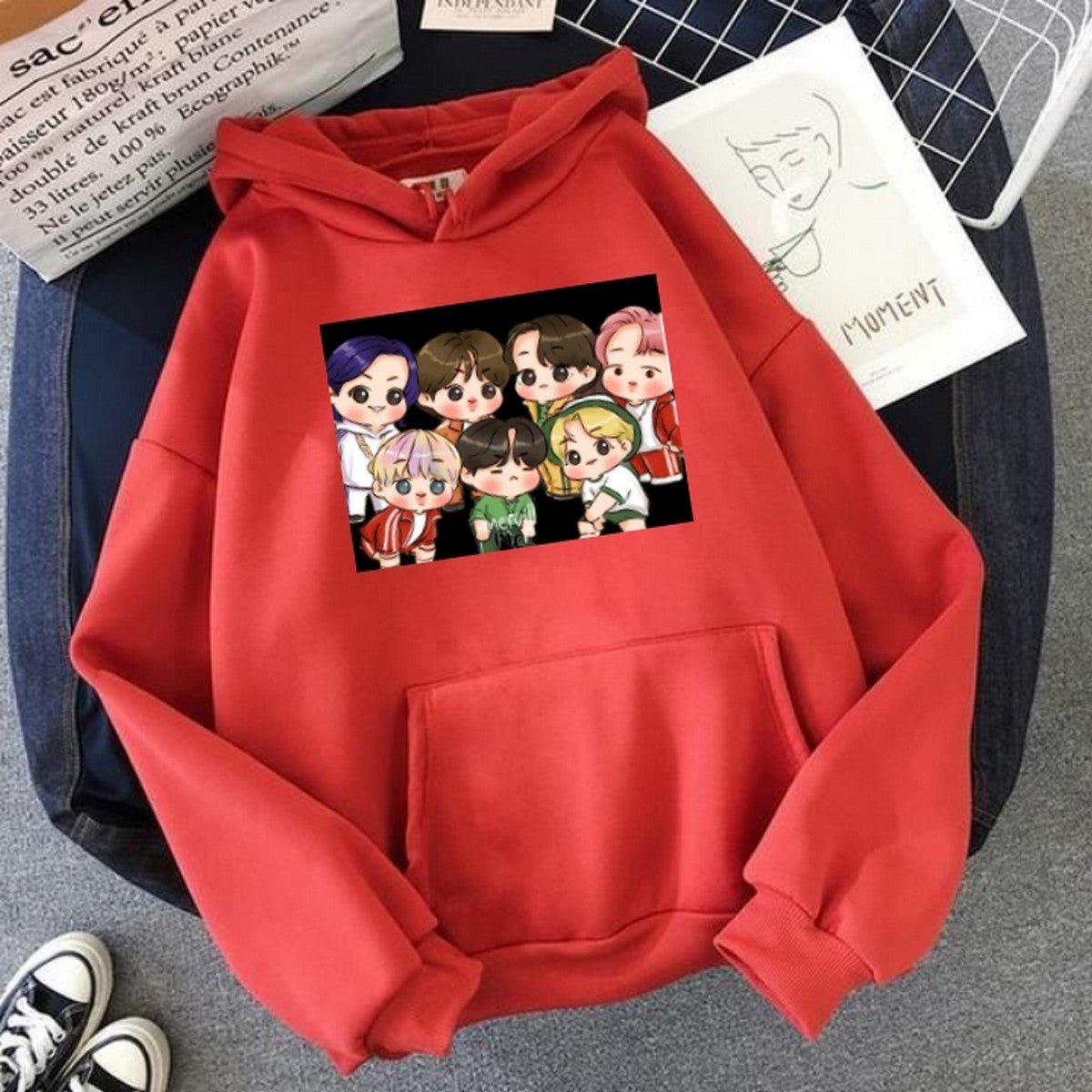 BTS Anime Fleece Full Sleeves Pull Over Hoodie For Women - DENIMS - Hoodies & Sweatshirts - 