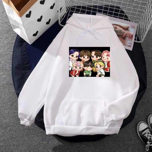BTS Anime Fleece Full Sleeves Pull Over Hoodie For Women - DENIMS - Hoodies & Sweatshirts - 