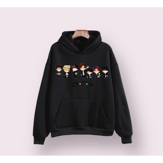 BTS Anime Fleece Full Sleeves Pull Over Hoodie For Women - DENIMS - Hoodies & Sweatshirts - 