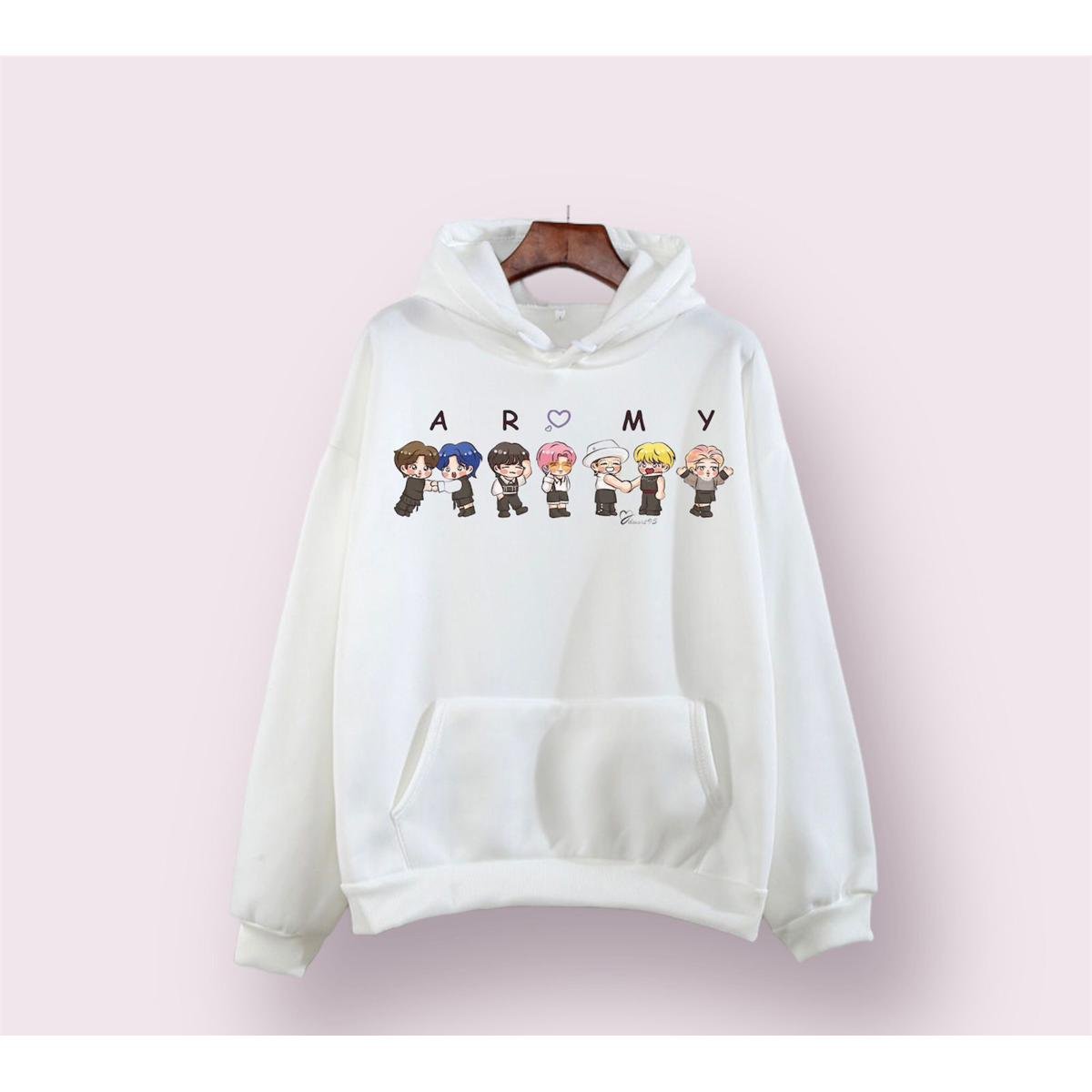 BTS Army Anime Fleece Full Sleeves Pull Over Hoodie For Women - DENIMS - Hoodies & Sweatshirts - 