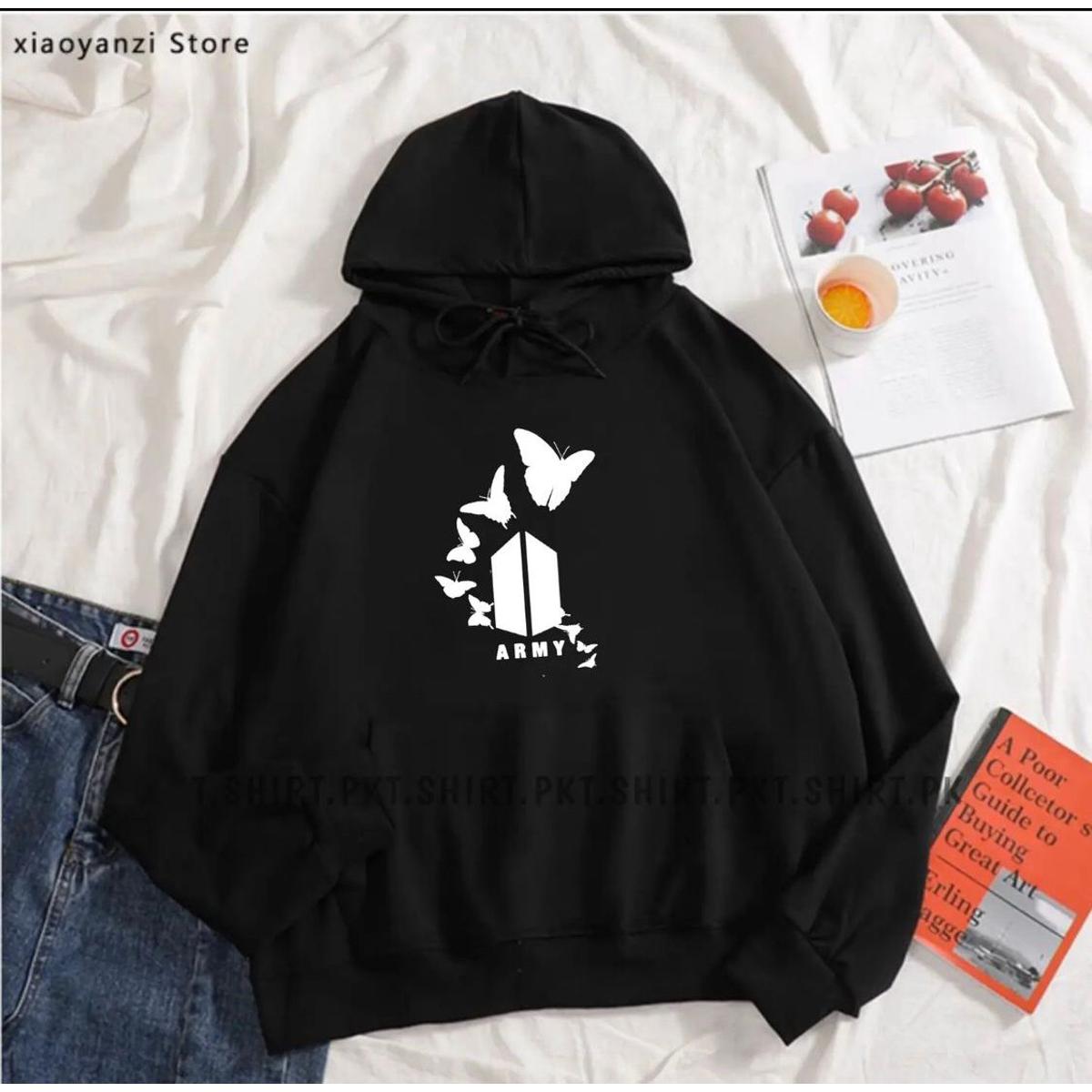 Bts Army Printed Fleece Full Sleeves Pull Over Hoodie For Women - DENIMS - Hoodies & Sweatshirts - 