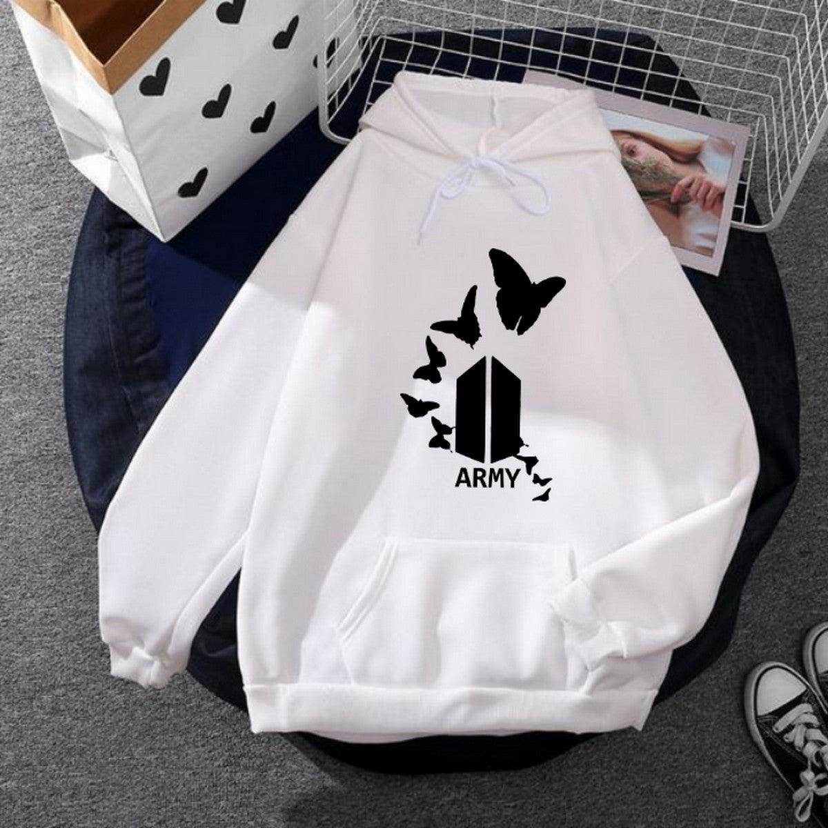 BTS Army Printed Fleece Full Sleeves Pull Over Hoodie For Women - DENIMS - Hoodies & Sweatshirts - 