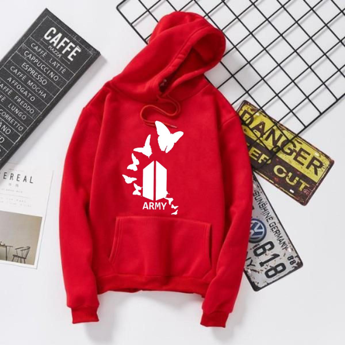 BTS Army Printed Fleece Full Sleeves Pull Over Hoodie For Women - DENIMS - Hoodies & Sweatshirts - 