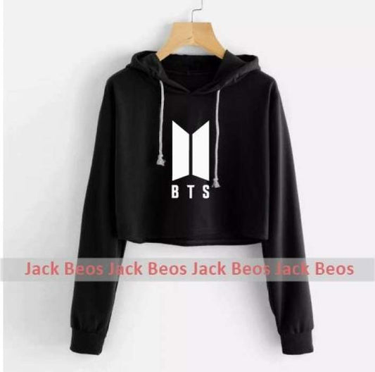 BTS Black Pullover Croped Hoodie For Women Long Sleeve - DENIMS - Hoodies & Sweatshirts - 