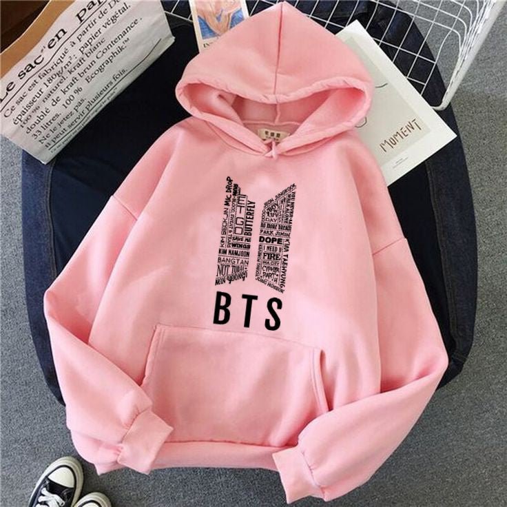 BTS Fleece Full Sleeves Pull Over Hoodie For Women - DENIMS - Hoodies & Sweatshirts - 