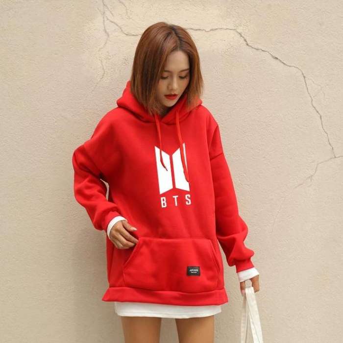 BTS Red Fleece Pullover Pocket Kangaroo Hoodie For Women - DENIMS - Hoodies & Sweatshirts - 