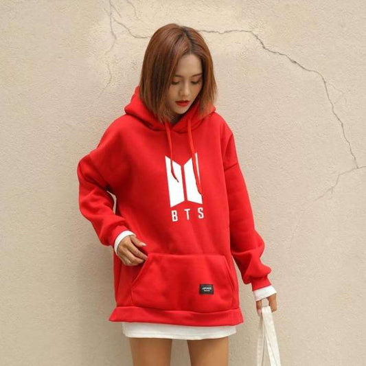 BTS Red Fleece Pullover Pocket Kangaroo Hoodie For Women - DENIMS - Hoodies & Sweatshirts - 