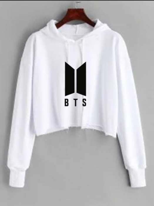 BTS White Croped Pullover Hoodie For Women Long Sleeve - DENIMS - Hoodies & Sweatshirts - 