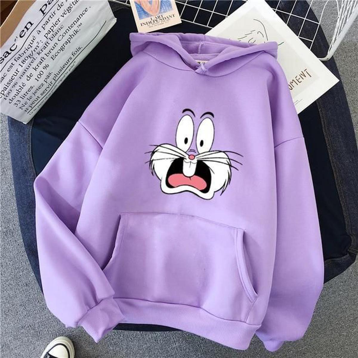 Bugs Bunny Printed Fleece Full Sleeves Pull Over Hoodie For Women - DENIMS - Hoodies & Sweatshirts - 