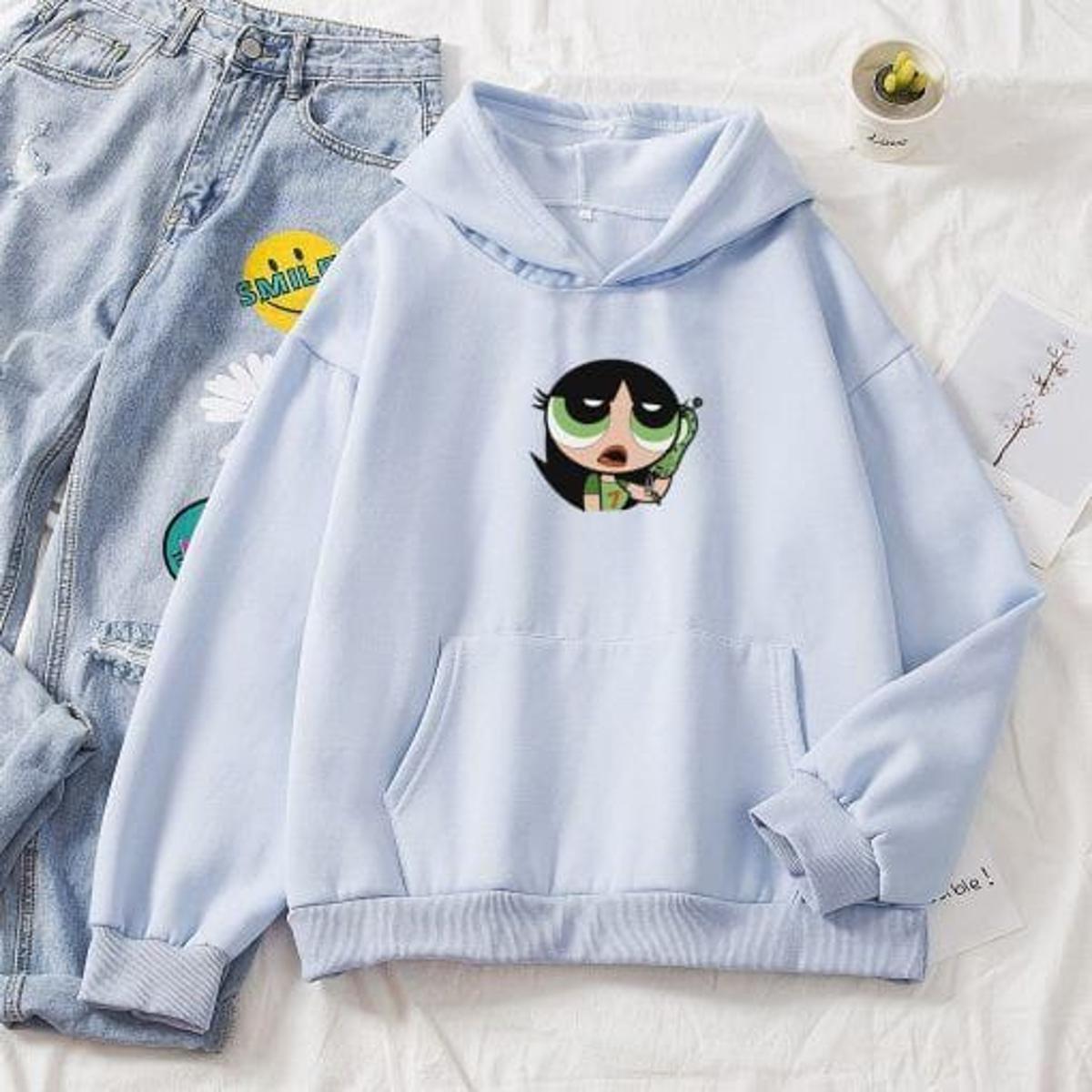 Buttercup Printed Fleece Full Sleeves Pull Over Hoodie For Women - DENIMS - Hoodies & Sweatshirts - 