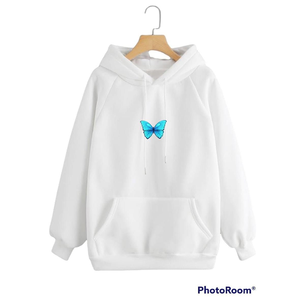 Butterfly White Fleece Full Sleeves Pull Over Hoodie For Women - DENIMS - Hoodies & Sweatshirts - 