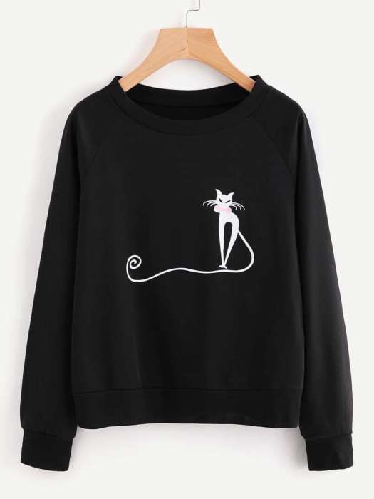 Cat Long Tail Printed Cotton Fleece Sweatshirt for Women OWA SShirtW BlCatLT - DENIMS - Hoodies & Sweatshirts - 