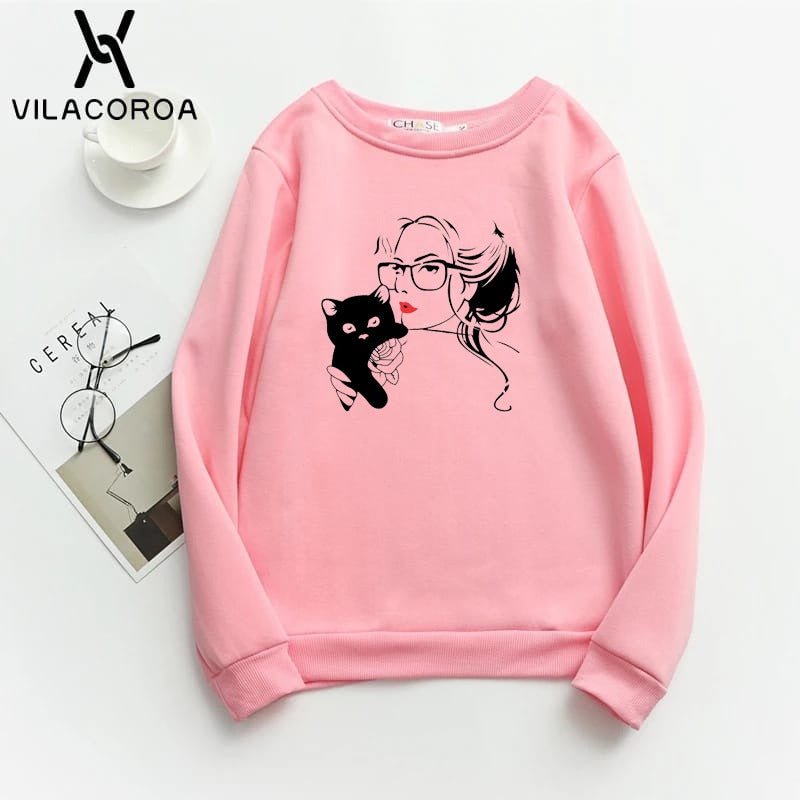 Cat Lover Printed Fleece Full Sleeves Pull Over Sweatshirt For Women - DENIMS - Hoodies & Sweatshirts - 