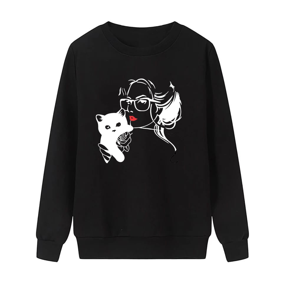 Cat Lover Printed Fleece Full Sleeves Pull Over Sweatshirt For Women - DENIMS - Hoodies & Sweatshirts - 
