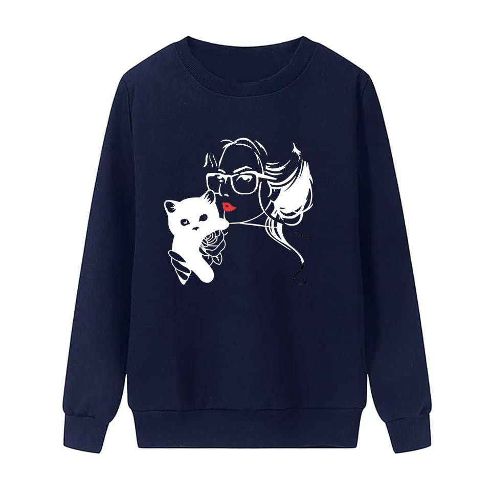 Cat Lover Printed Fleece Full Sleeves Pull Over Sweatshirt For Women - DENIMS - Hoodies & Sweatshirts - 