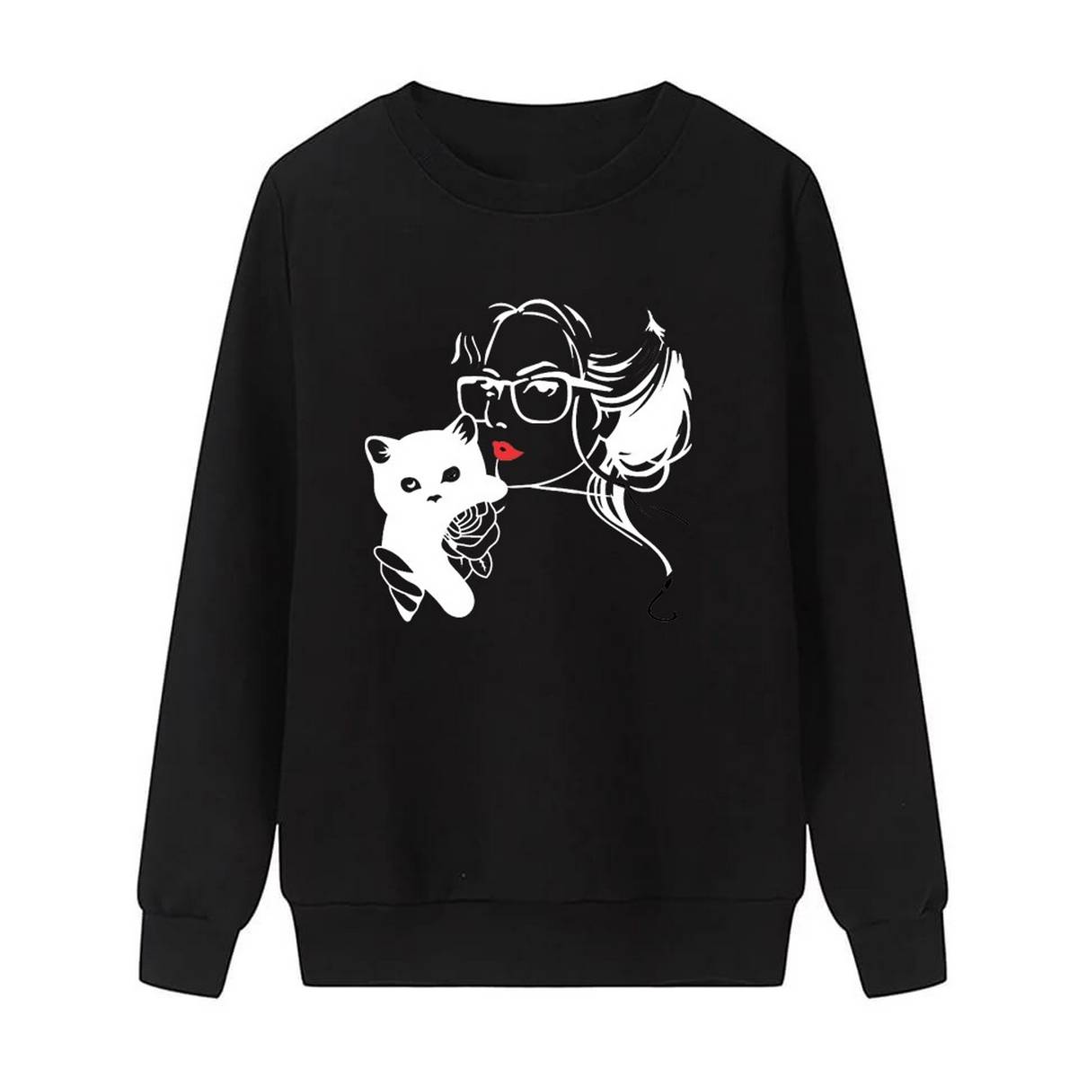 Cat Lover Printed Fleece Full Sleeves Pull Over Sweatshirt For Women - DENIMS - Hoodies & Sweatshirts - 