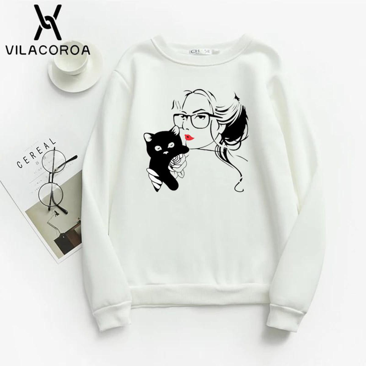 Cat Lover Printed Fleece Full Sleeves Pull Over Sweatshirt For Women - DENIMS - Hoodies & Sweatshirts - 