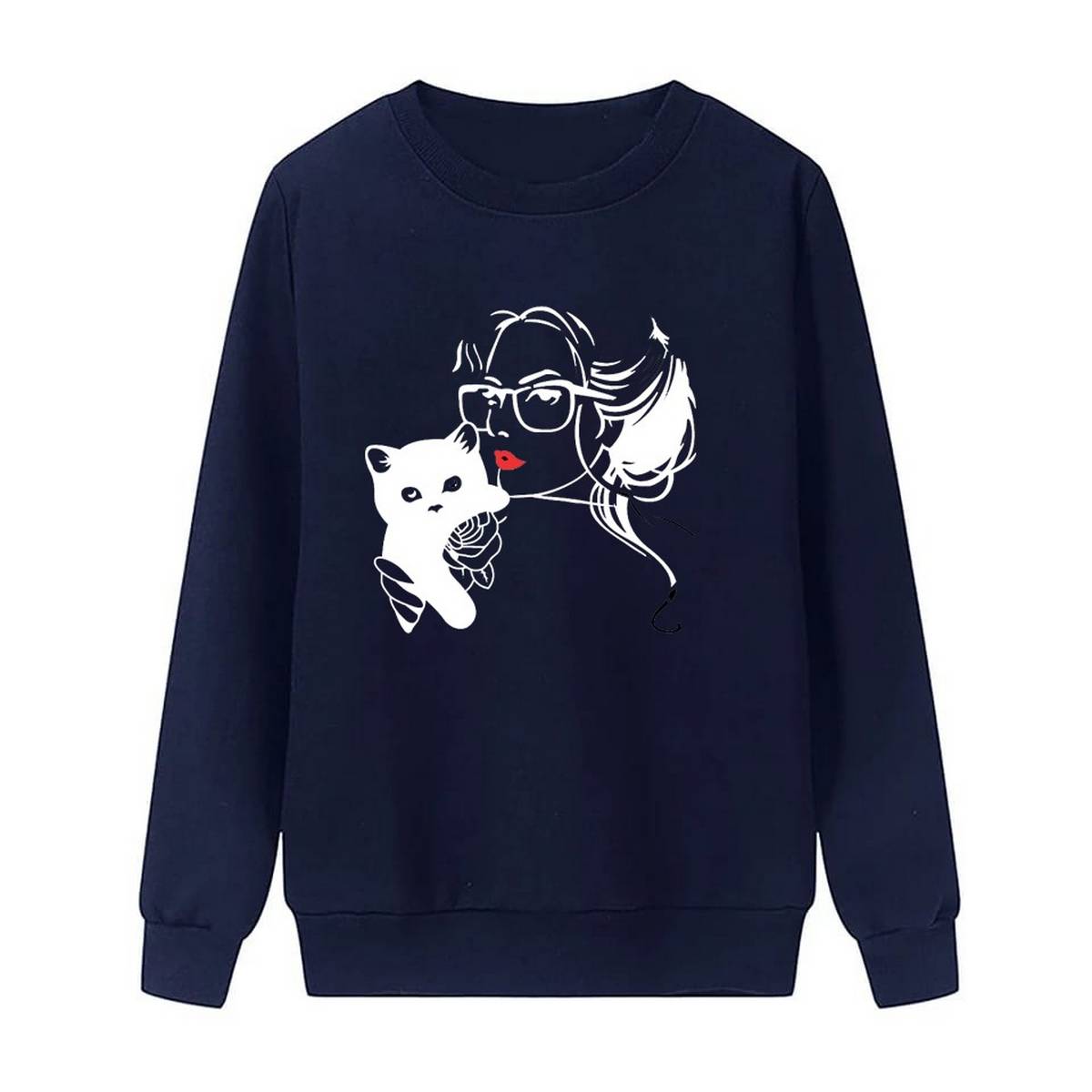Cat Lover Printed Fleece Full Sleeves Pull Over Sweatshirt For Women - DENIMS - Hoodies & Sweatshirts - 