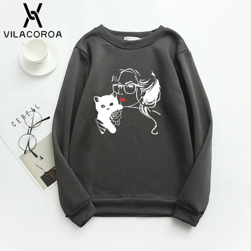 Cat Lover Printed Fleece Full Sleeves Pull Over Sweatshirt For Women - DENIMS - Hoodies & Sweatshirts - 