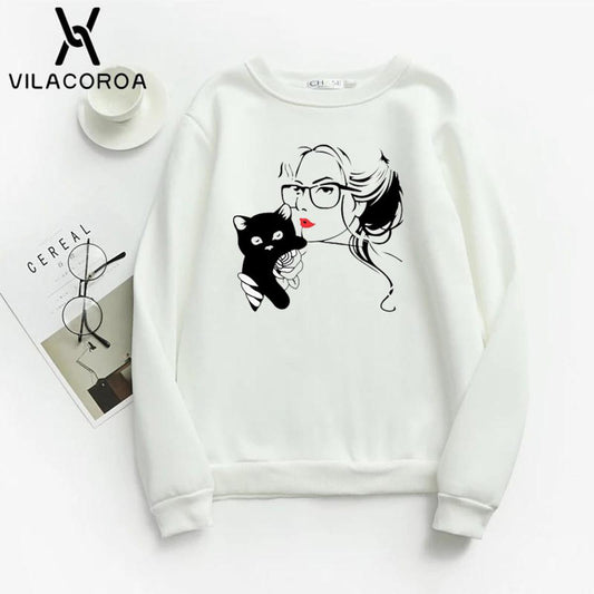 Cat Lover Printed Fleece Full Sleeves Pull Over Sweatshirt For Women - DENIMS - Hoodies & Sweatshirts - 