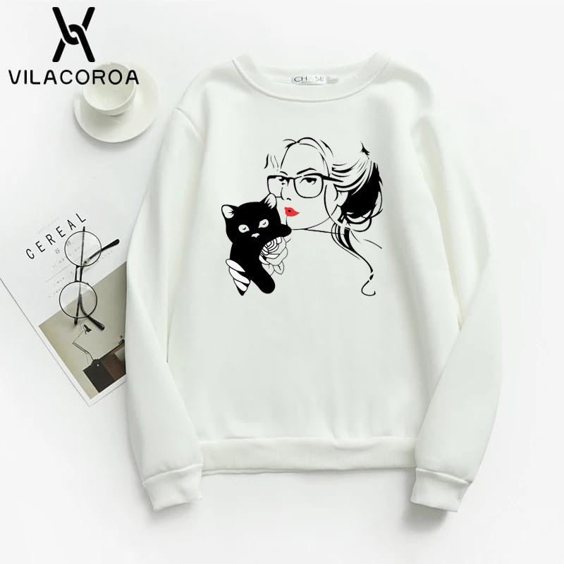 Cat Lover Printed Fleece Full Sleeves Pull Over Sweatshirt For Women - DENIMS - Hoodies & Sweatshirts - 
