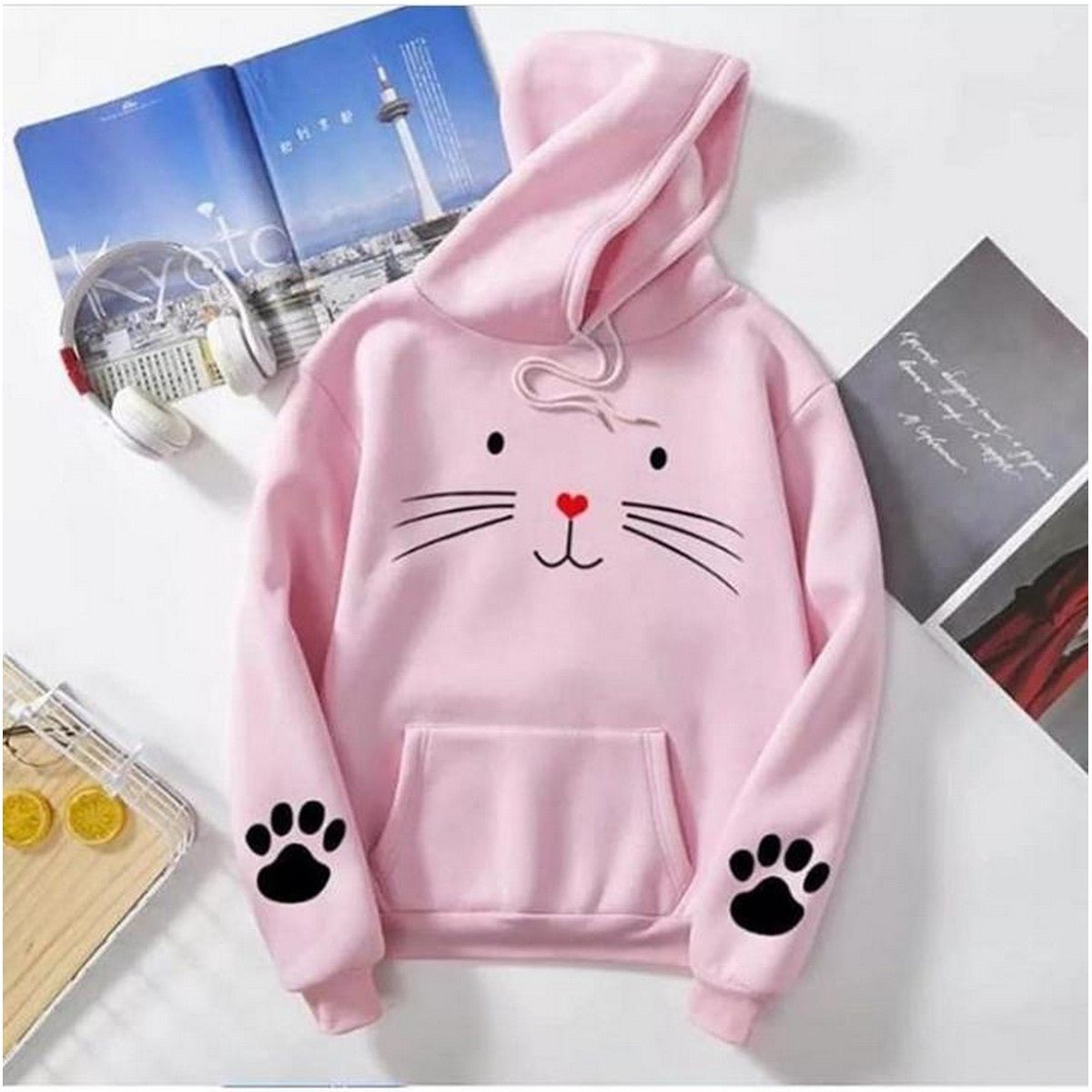 Cat Printed Fleece Full Sleeves Pull Over Hoodie For Women - DENIMS - Hoodies & Sweatshirts - 