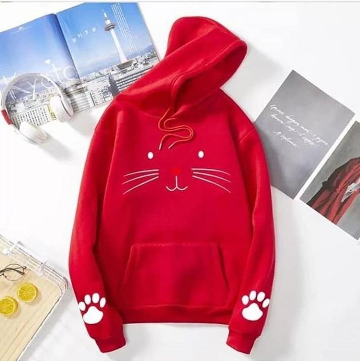 Cat Printed Fleece Full Sleeves Pull Over Hoodie For Women - DENIMS - Hoodies & Sweatshirts - 