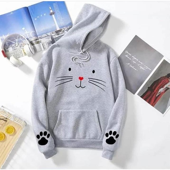 Cat Printed Fleece Full Sleeves Pull Over Hoodie For Women - DENIMS - Hoodies & Sweatshirts - 