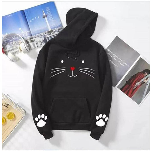 Cat Printed Fleece Full Sleeves Pull Over Hoodie For Women - DENIMS - Hoodies & Sweatshirts - 